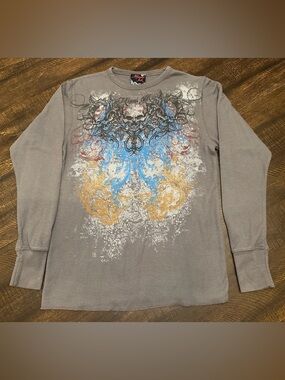 Vintage Miami Ink L/S Thermal Shirt Mens Med Gray Skull Graphic Print Y2K